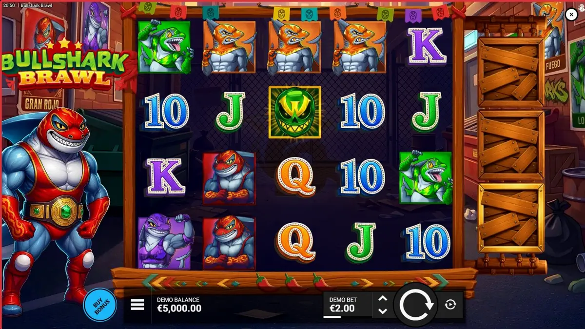 Tampilan visual slot Bullshark Brawl dengan tema hiu luchador di arena gulat bawah laut