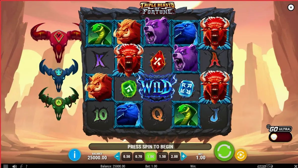 Tampilan visual slot Triple Beasts of Fortune dengan simbol hewan dan latar belakang ngarai.