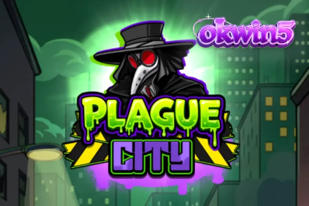 Tampilan visual slot Plague City dengan tema apokaliptik dan ilmuwan bertopeng.